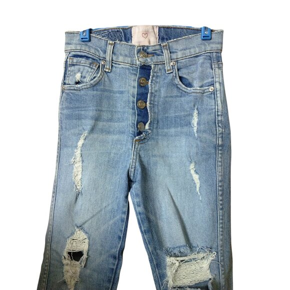 REVICE Size 25 Women's Blue Button Fly High Rise Distressed Raw Hem Denim Jeans - Picture 2 of 5